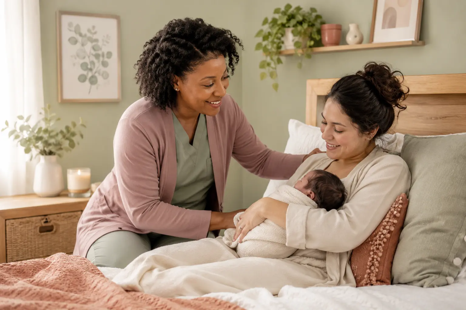 A midwife supporting a mother and newborn at home